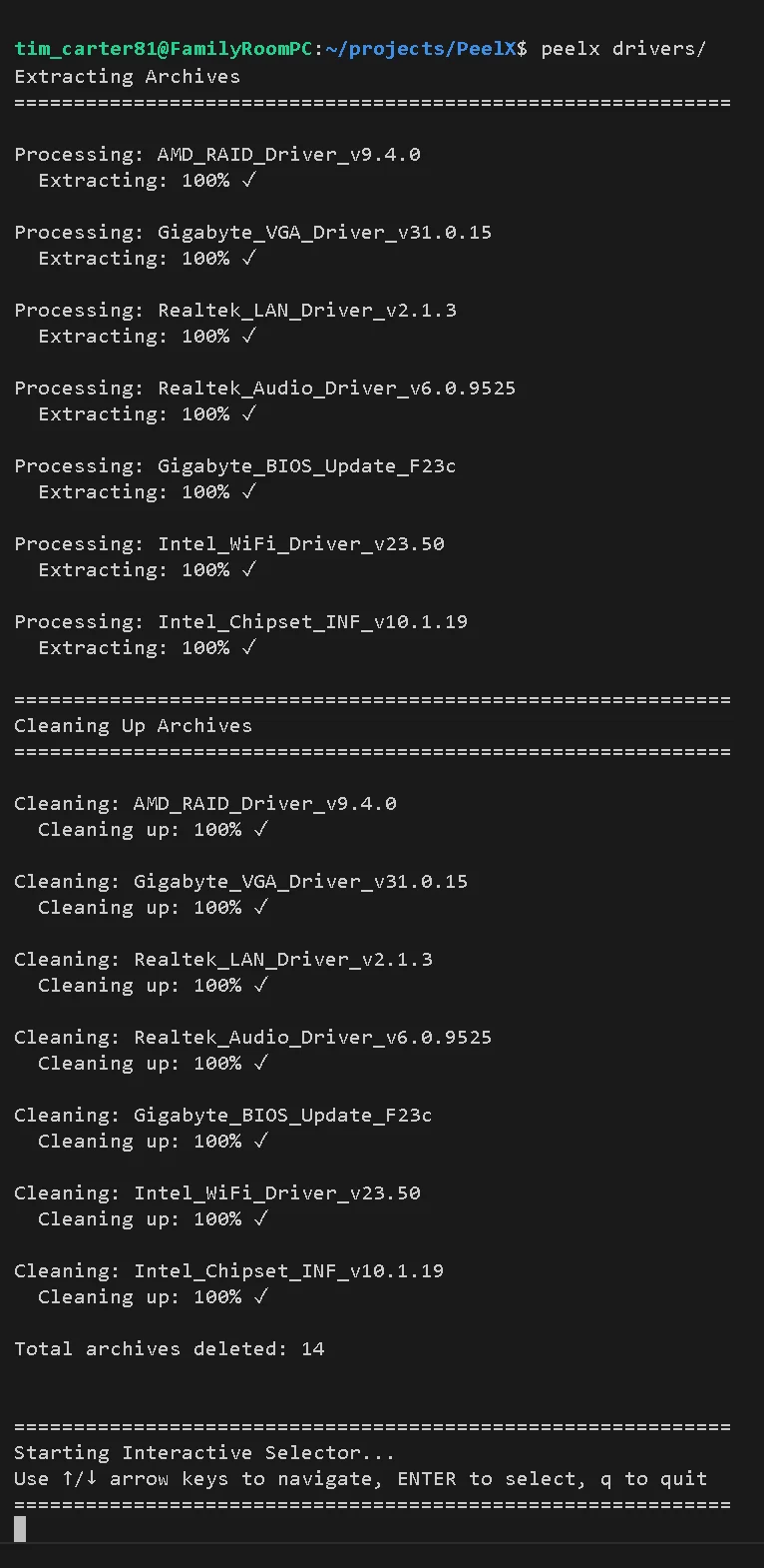 PeelX extracting all archives, cleaning up, and launching the interactive selector
