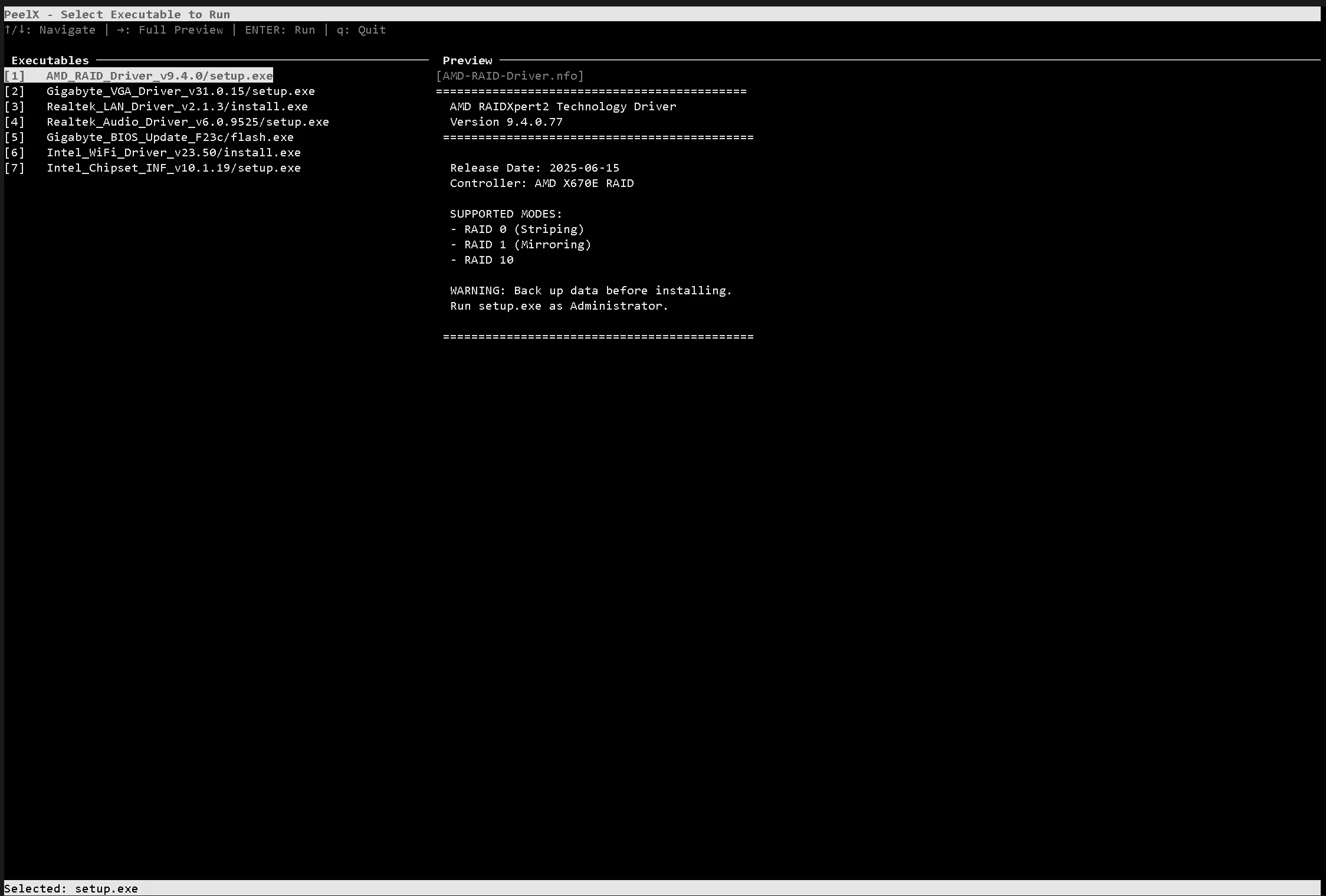 PeelX interactive selector with NFO preview panel