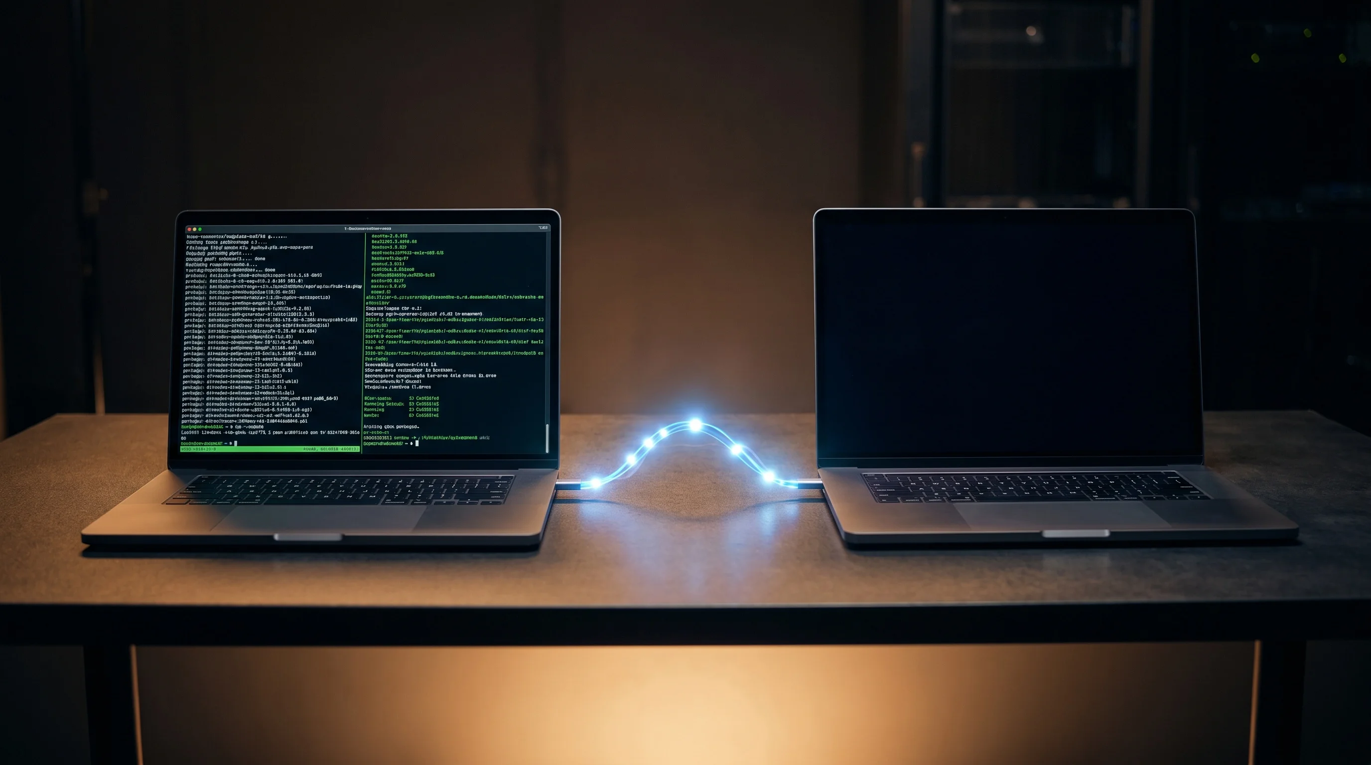 Cinematic wide-angle shot of two identical laptops side by side on a dark matte desk
