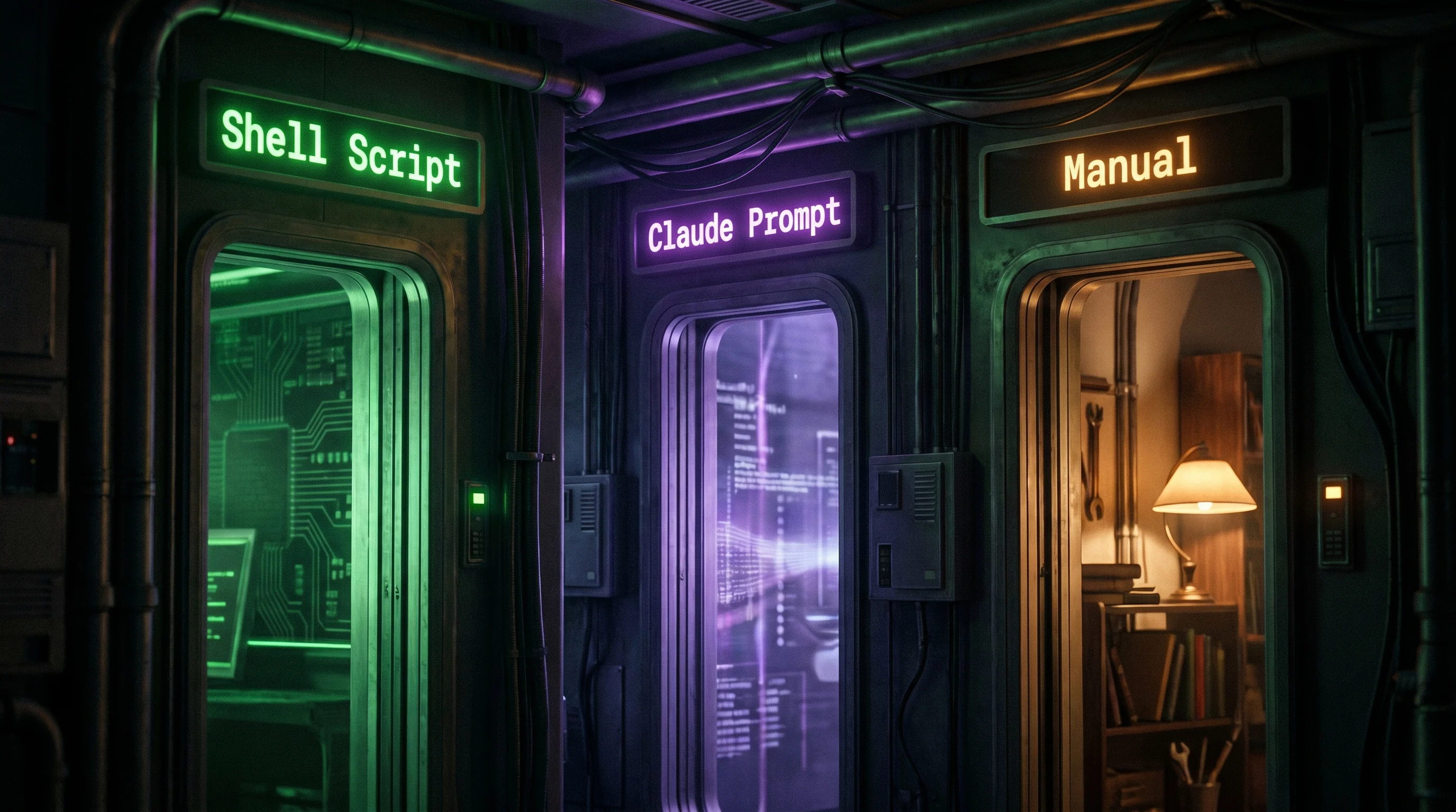 Three glowing doorways side by side in a dark futuristic corridor