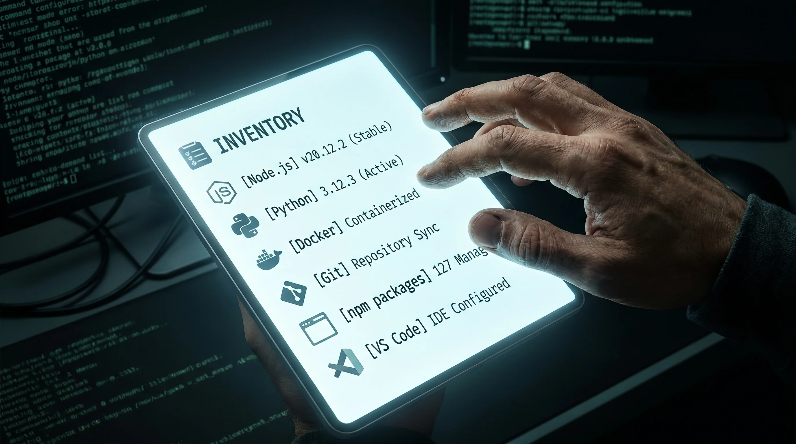 A developer's hand holding a glowing digital clipboard or tablet showing a structured inventory list