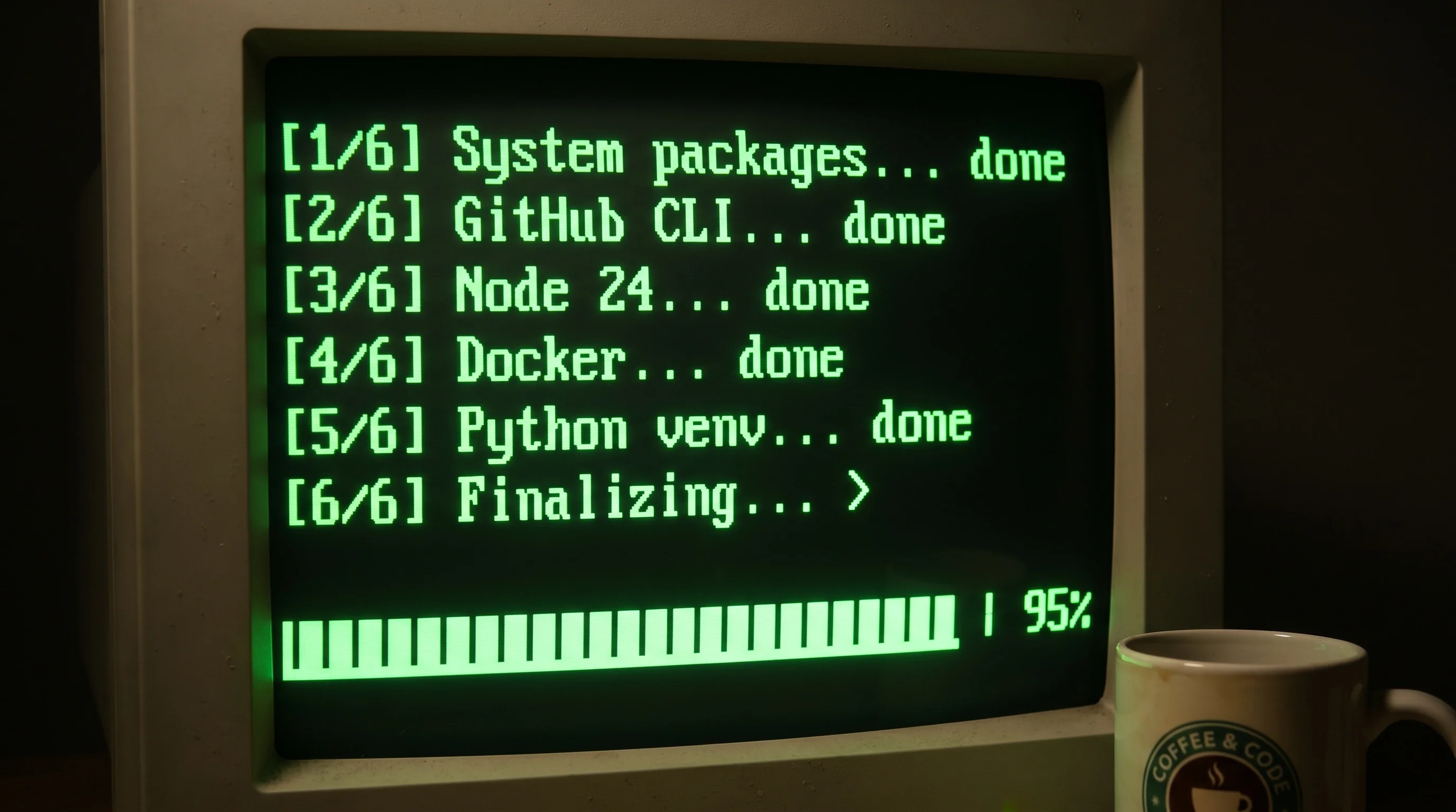 Dark terminal screen filling the frame, showing a progress list of install steps completing one by one