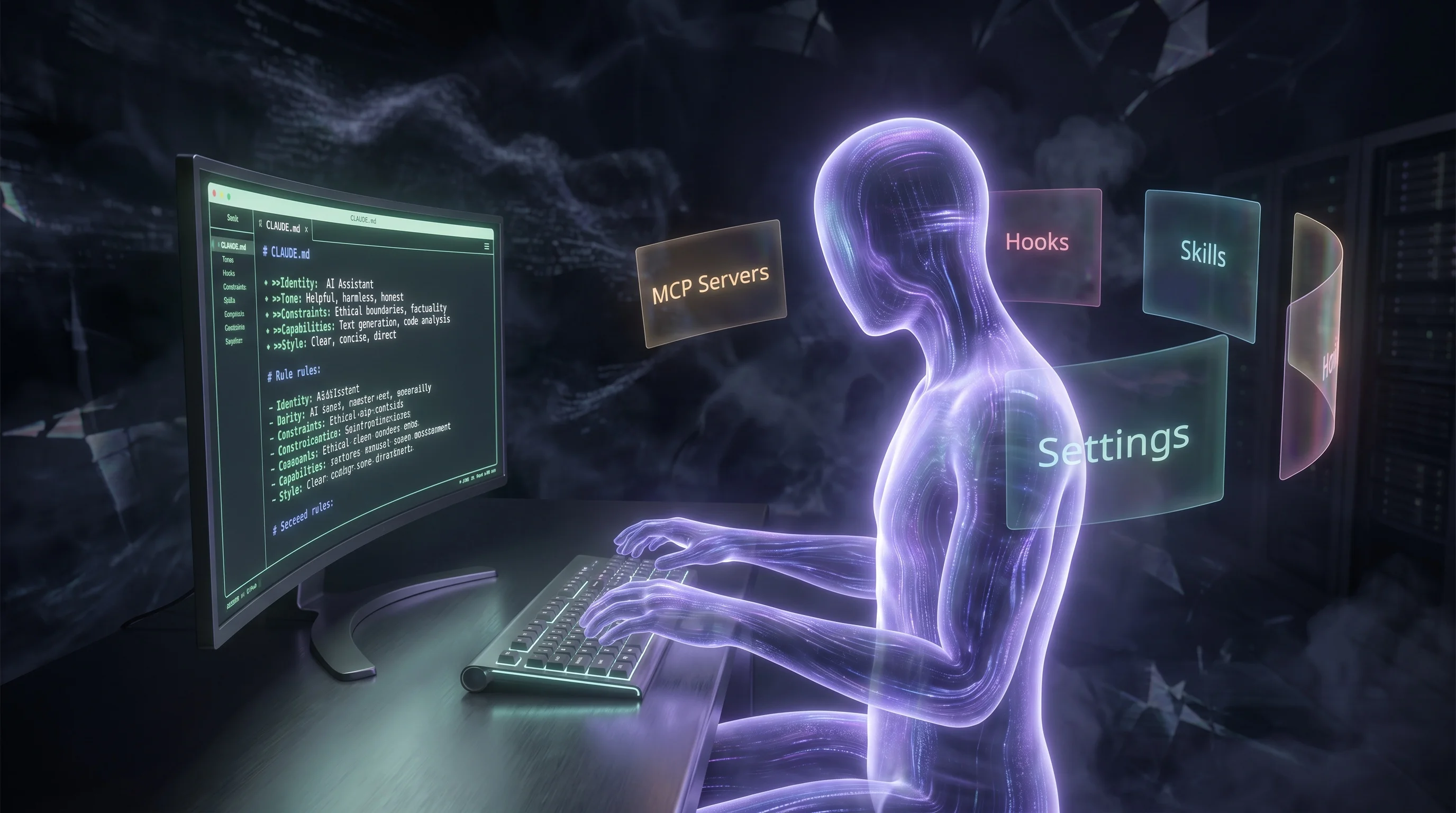 An AI entity visualized as a softly glowing humanoid figure made of flowing purple and blue code, sitting at a dark terminal desk.