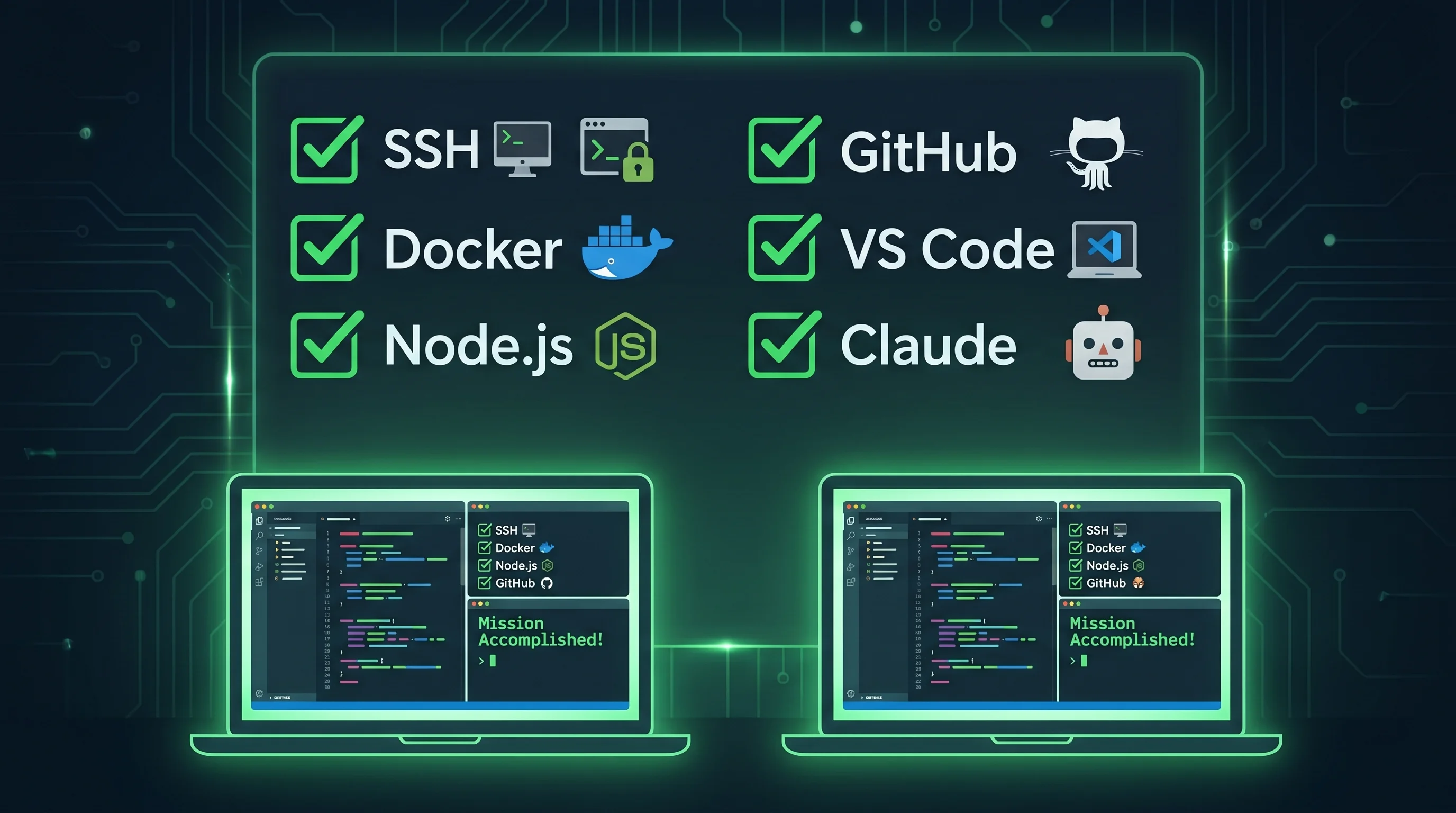 A glowing checklist on a dark digital screen, every item ticked with a bright green checkmark.