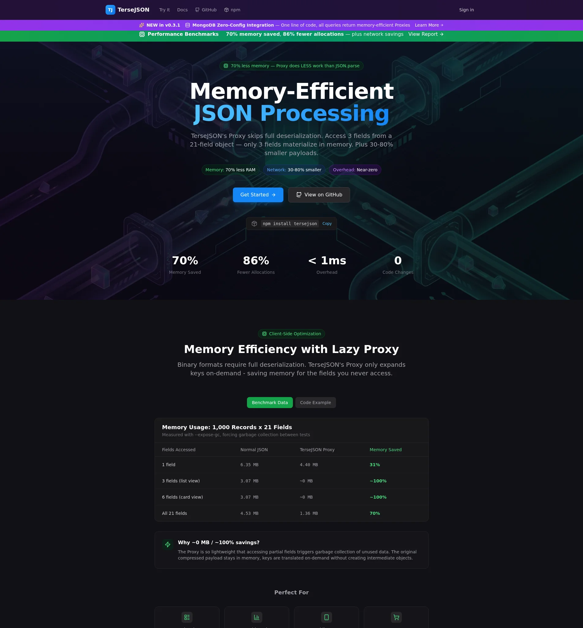 TerseJSON website screenshot